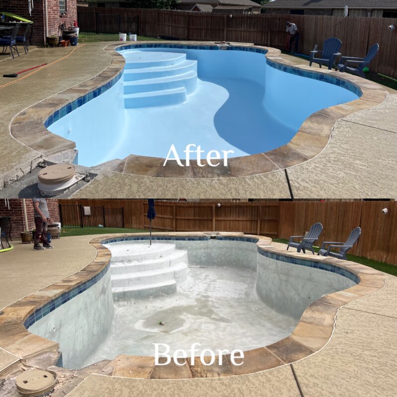 Before and after comparison of a swimming pool renovation. The top image shows the pool after renovation with a smooth blue finish and clean steps, while the bottom image shows the pool before renovation with a worn and dirty surface.