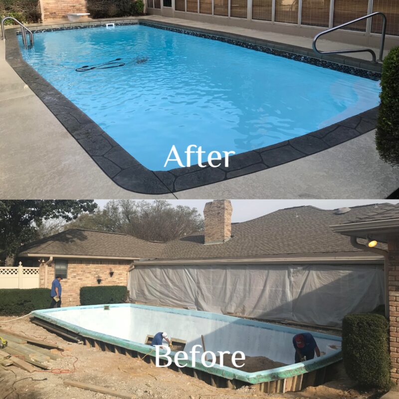 A before-and-after comparison of a backyard pool renovation. The "before" image shows an empty pool under construction with workers making improvements. The "after" image displays the same pool, now filled with water, featuring a smooth blue fiberglass finish and surrounded by a newly renovated deck with dark trim.